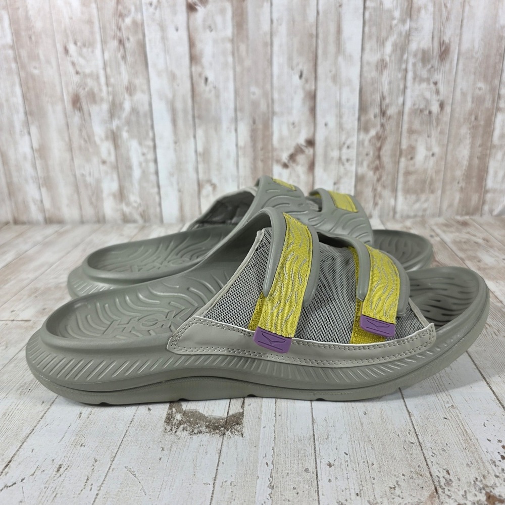 Hoka Ora Luxe Mens Recovery Slides Gray Yellow Adjustable Strap Sandals Size 14